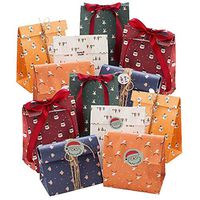 Christmas Gift Bags 12PCS - Kraft Paper Bags（6 Assorted Designs -10.6 x 6 x 4 Inches）Gift Wrapping Kit Includes 25 Yards Satin Ribbon，11 Yards Jute Twine，12pcs Gift Tag Stickers,Party Favors Xmas Bags