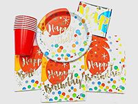 Happy Birthday Balloon Party Pack Supplies Paper Plates, Napkins Cups, and Banner Serves 16