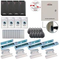 Visionis FPC-6206 Four Door Access Control TCP/IP RS-485 Wiegand for Inswing Door Electric 600lbs MagLock Controller Box, Power Supply, Black Indoor/Outdoor Card Reader, Software 10,000 Users Kit