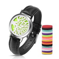 Essential Oil Diffuser Leather Wrap Bracelet Set, Stainless Steel Tree of Life Aromatherapy Locket Bracelet for Women and Men with 18pcs Refill Pads(Black)