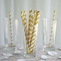 BalsaCircle 150 pcs 8-Inch Gold and White Striped Paper Straws - Disposable Wedding Party Birthday Event Picnic Supplies