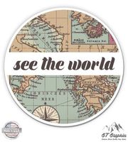 See the World Travel Retro Globe Map - 5" Vinyl Sticker - For Car Laptop I-Pad - Waterproof Decal