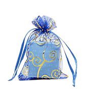 Set of 100,5x7 Inches Sheer Organza Drawstring Pouches with Vines Printing for Festival Wedding Party Favor Candy Wrap Bags by JSSHI (Blue with Golden Vines)