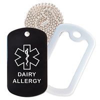 Dairy Allergy Medical Alert ID Necklace with Black Tag, White Silencer, and 30'' USA Chain - 154 Color Choices