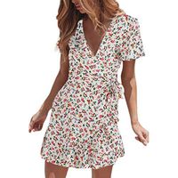 Mlide Women's Dresses Floral Print Deep V-Neck Short Bell Sleeve Ruffle Casual Loose Swing Dress,White XXL