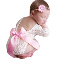 Baby Photography Props Lace Rompers Headdress Newborn Girl Photo Shoot Outfits Set Infant Princess Costume (Pink)