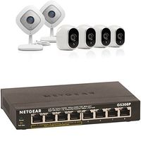 Arlo Ultimate Security System - 4 Wire-Free Outdoor HD & 2 Arlo Q 1080p Indoor HD Cameras (VMK3500) Bundle with NETGEAR 8-Port Gigabit Ethernet Switch with 4-Port PoE (GS308P)