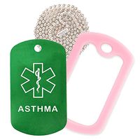 Asthma Medical Alert ID Necklace with Green Tag, Pink Silencer, and 30'' USA Chain - 154 Color Choices