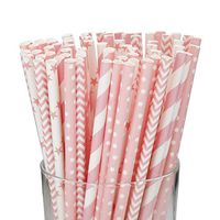 RIATIK 100 Pcs Biodegradable Paper Straws Pink Drinking Straws for Birthday, Wedding, Baby Shower Party, 7.7 Inches