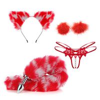 4 pcs Faux Advanced Texture White and red Stitching Fur Wolf Fox Tail Ears Hair Clips+Charming Lace Panties and Plush Balls Halloween Christmas Cosplay Party Costume Toys Gift