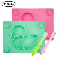 Baby Placemat with Baby Spoons(2 Sets) - 2X Silicone Baby Plates with Suction Cups Plus 2X Silicone Infant Feeding Spoons for Toddlers,Kids and Children (Pink&Green)