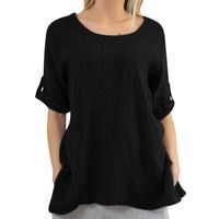 Clearance! Women Plus Size Short Sleeve Linen Shirt Casual Oversized Baggy Top (L, X-Black)