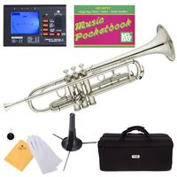 Mendini MTT-N Nickel Plated Bb Trumpet + Tuner, Case, Stand, Mouthpiece, Pocketbook & More