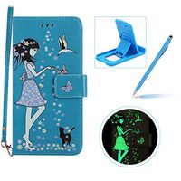 Herzzer Strap Wallet Leather Case for Galaxy Note 9,Luminous Flip Cover for Galaxy Note 9, Stylish Blue Flower Girl Butterfly Pattern Magnetic Stand PU Leather with Soft Rubber Case