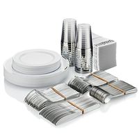 25 Guest Disposable Silver Dinnerware Set | Heavy Duty Plastic Plates, Cups, Silverware & Napkins. 50 Forks, 25 Spoons, 25 Knives, 25 Dinner Plates, 25 Dessert Plates & 25 Cups | Bonus 50 Guest Towels