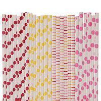 Biodegradable Paper Straws Mix, Red Yellow Hot Pink, Polka Dot Striped (50)