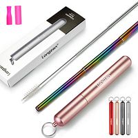 Longzon Reusable Collapsible Metal Straws, Foldable Portable Rainbow Telescopic Stainless Steel Drinking Straw with Travel Key-chain Case & Cleaning Brush (Rose Gold)