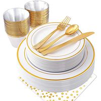 NERVURE 175PCS Gold Plastic Plates & Plastic Silverware & Gold Cups, 25 Disposable Plates Setting: 25 Dinner Plates,25 Dessert Plates, 25 Forks,25 Knives, 25 Spoons, 25 Cups,25 Napkins