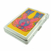 Cigarette Case with Built in Lighter Vintage Psychedelic Trippy S2 Smoking King Size Cigarettes Silver Metal Wallet 4" X 2.75" RFID Protection Weird Strange