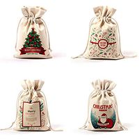 Christmas Cotton Drawstring Gift Bags, 4 Pack Santa Reindeer Canvas Rustic Vintage Christmas Candy Chocolates Gift Bags for Christmas Gifts Party Favor (Merry Christmas)