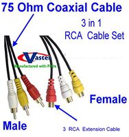3 RCA TV Cable, 24k 3 RCA Male to 3 RCA Female Composite Video + Audio Extension Cable, 7.62 M / 25 Ft