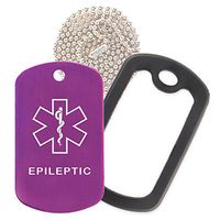 Epileptic Medical Alert ID Necklace with Purple Tag, Black Silencer, and 30'' USA Chain - 154 Color Choices