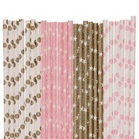 Biodegradable Paper Straws Mix, Light Pink And Gold, Polka Dot Star (75)