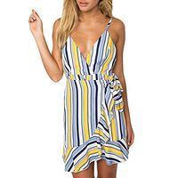 Mlide Womens Mini Dress Sexy,Casual Loose V Neck Dress Sleeveless Stripe Print Leaking Back Swing Bohemian Mini Dress,Light blue M