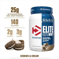 Dymatize Elite 100% Whey Protein Powder, 25g Protein, 5.5g BCAAs & 2.7g L-Leucine, Quick Absorbing & Fast Digesting for Optimal Muscle Recovery, Cookies & Cream, 2 Pound