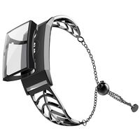 UMTELE Band Compatible with Fitbit Charge 3 Leaf Shape Stainless Steel Bracelet Women Replacement Band with Full Cover Screen Protector Case for Fitbit Charge 3 & Charge 3 SE (Black)