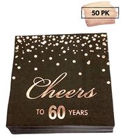 Rose Gold Foil Cocktail Napkins with Cheer 60 Years | Folded 5 x 5 Inches Disposable Party Napkins | 3-Ply Paper Beverage Napkins for 60th Birthday Decorations, Wedding Anniversary, Retirement, Black