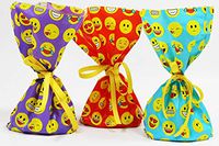 Emoji Cellophane Treat Party Favor Bags with Grosgrain Ribbon Ties. Pack of 12 Large Goodie Gift Bags for Kids, Boys, Girls, Birthday Parties, Baby Showers & Celebrations. Multicolor