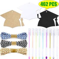 WooKun 450 Pcs Graduation Season Gift Tag with Black Bachelor Hat Gift Tags,32.8 Feet Lafite Straw Rope and 9 PCS Color Pens for Graduation Gift Wrapping (Black+White+Kraft Paper)