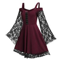 Jocund Women Dress Sexy Cross Eyelet Sling Off-Shoulder Flare Sleeve Skirt Lace Panel Strap Dress