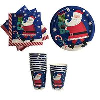 Christmas Paper Plates Napkins and Cups with Santa- Great for Parties (2018 Blue)