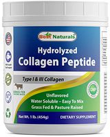 Best Naturals Hydrolyzed Collagen Peptides Type I & Type III Collagen unflavored 1 Pound - Grass Fed & Pasture Raised - Water Soluble - Easy to Mix