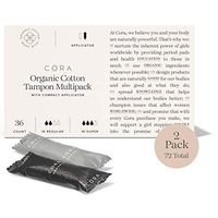 Cora Organic Cotton Tampons with BPA-Free Plastic Compact Applicator; Chlorine & Toxin Free - Variety Pack - Regular/Super (72)