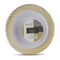 [10 Count - 12 Oz Bowls] Laura Stein Designer Tableware Premium Heavyweight Plastic White Soup Bowl With Gold Designed Border, Party & Wedding Plate Curve Series Disposable Dishes