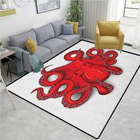 Octopus Paisley Area Rug Non Slip, Kraken Octopus with Shadow Tropical Seafood Marine Tentacle Simple Design Artwork Print, Durable Rugs - Living, Dinning, Office, Rooms & Bedrrom, Hallway Carpet Red