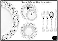 Royalty Settings Sphere Collection Heavy Duty Plastic Plates for Weddings, Includes 60 Dinner Plates, 60 Salad Plates, 120 Plastic Forks, 60 Plastic Knives and 60 Plastic Spoons, White/Silver