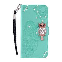 Cfrau Diamond Kickstand Case with Black Stylus for Samsung Galaxy A60,Luxury Embossed Crystal 3D Owl Flower Bling Glitter Wallet PU Leather Shockproof Soft TPU Wrist String Case - Mint Green
