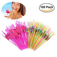 OUNONA 100pcs Flamingo Drinking Straws Hawaiian Umbrella Straws Flamingo Flower (Mixed Color)