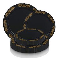 Elegant Disposable Plastic Heavy Duty Party Plates 240 Count - 120 Pcs Round Black with Gold Nice Dinner Plates + 120 Pcs Fancy Dessert Plates Combo For Wedding, Thanksgiving, Birthday & All Occasions