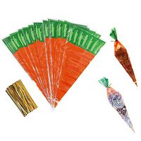 VEIREN 100 Pieces Cone Candy Bags Creative Carrot Shape Treat Bag with Twist Ties Cellophane Goody Cookies DIY Translucent Gift Storage Packaging Bag for Holiday Birthday Wedding Party Decor