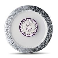 [10 Count - 6 Inch Plates] Laura Stein Designer Tableware Premium Heavyweight Plastic White Dessert Plates With Silver Border, Party & Wedding Plate, Lace Series, Disposable Dishes