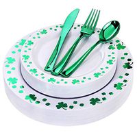 WDF 125pcs Plastic Plates with Shamrock Clover& Disposable Plastic Silverware - Premium White and  Green Plastic Dinnerware for Wedding &Parties, Special for St. Patrick’s Day