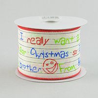 2.5" Wide Expressions Dear Santa Letter Ivory Seasonal Print Wired Ribbon (10 Yards) Red Wired Edge Christmas