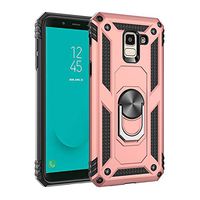Case Compatible with Samsung Galaxy J6 Case Clear Slim Soft Silicone+Hard Plastic Cover Case with Frame Finger Grip Rotating Ring Holder Stand Work with Magnetic Car Mount for Galaxy J6 (Rose Gold)