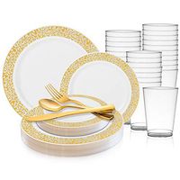 720 Piece Elegant Disposable Plastic Dinnerware Set for 120 Guests - Fancy Gold Rimmed White Dinner Plates, Dessert Plates, Silverware Set & Party Cups For Wedding, Easter, Birthday & All Occasions