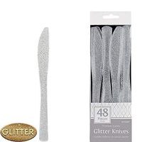 ELEGANI Clear Premium Tableware for Holidays, Parties, Wedding, Annniversary, New Year; Glitter Silver Premium Plastic Knives (2X Pack of 48ct Each)